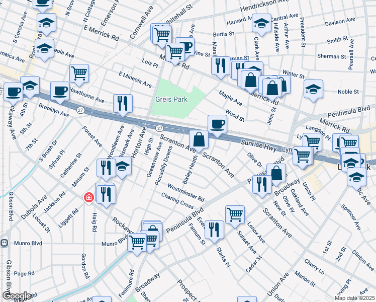 map of restaurants, bars, coffee shops, grocery stores, and more near 122 Scranton Avenue in Lynbrook