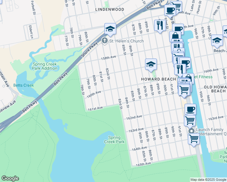 map of restaurants, bars, coffee shops, grocery stores, and more near 160-03 82nd Street in Queens