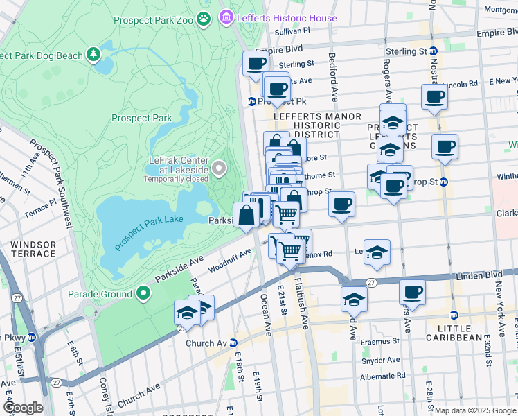 map of restaurants, bars, coffee shops, grocery stores, and more near 297 Ocean Avenue in Brooklyn