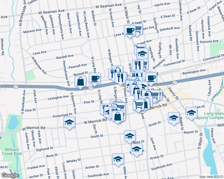 map of restaurants, bars, coffee shops, grocery stores, and more near 28 South Bergen Place in Freeport