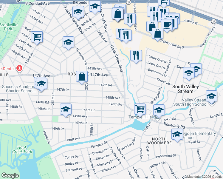 map of restaurants, bars, coffee shops, grocery stores, and more near 259-47 147th Drive in Queens