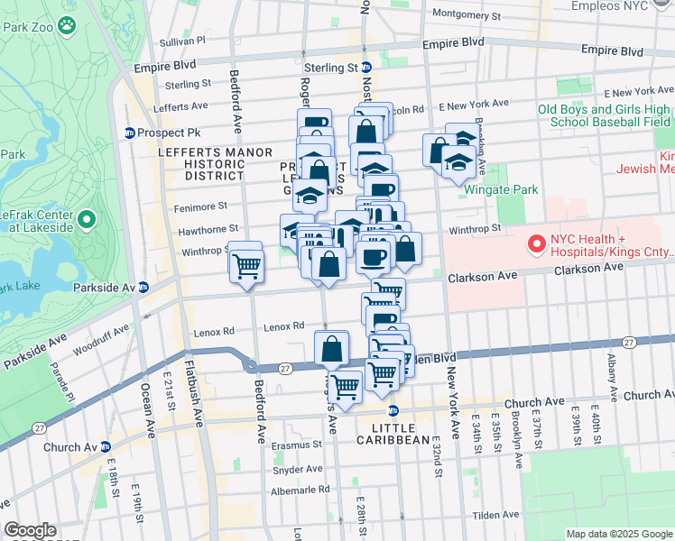 map of restaurants, bars, coffee shops, grocery stores, and more near 670 Parkside Avenue in Brooklyn