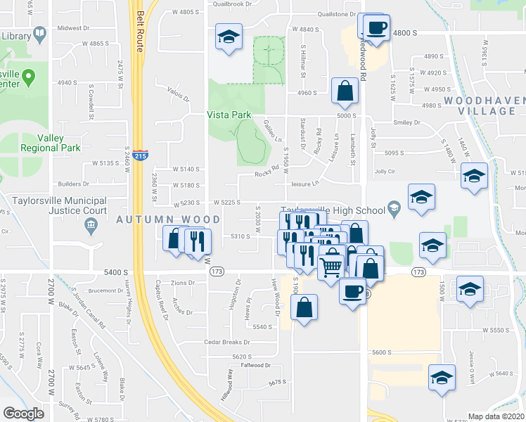 map of restaurants, bars, coffee shops, grocery stores, and more near 5247 South 2030 West in Salt Lake City