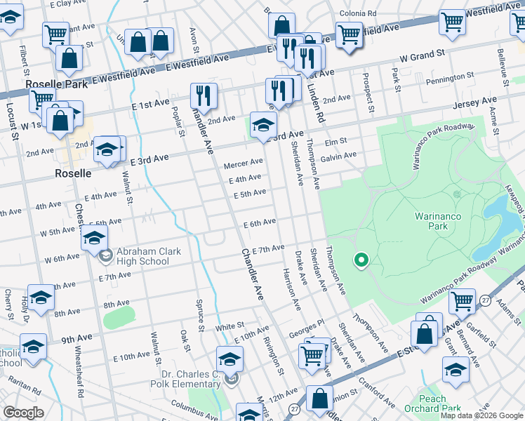 map of restaurants, bars, coffee shops, grocery stores, and more near 448 Stockton Avenue in Roselle