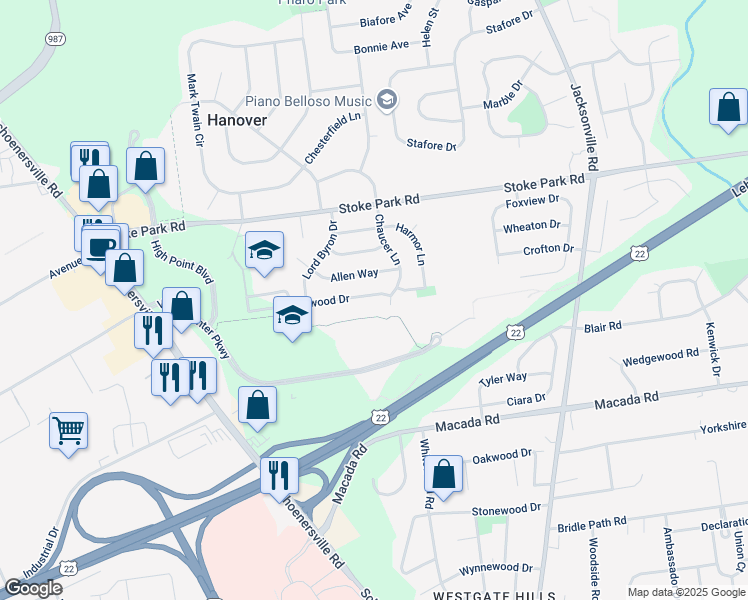 map of restaurants, bars, coffee shops, grocery stores, and more near 1515 Kenwood Drive in Bethlehem