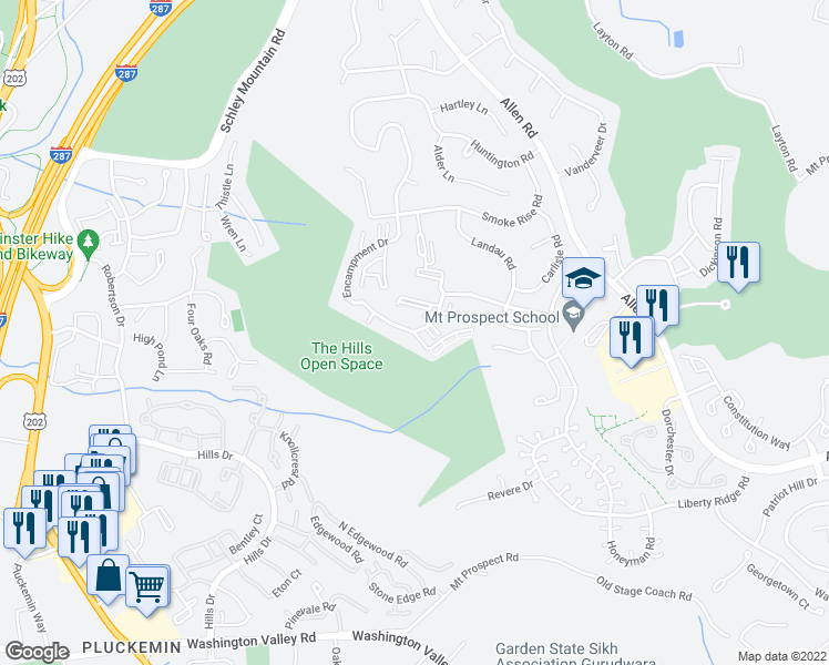 map of restaurants, bars, coffee shops, grocery stores, and more near 5 Stevens Court in Bedminster Township