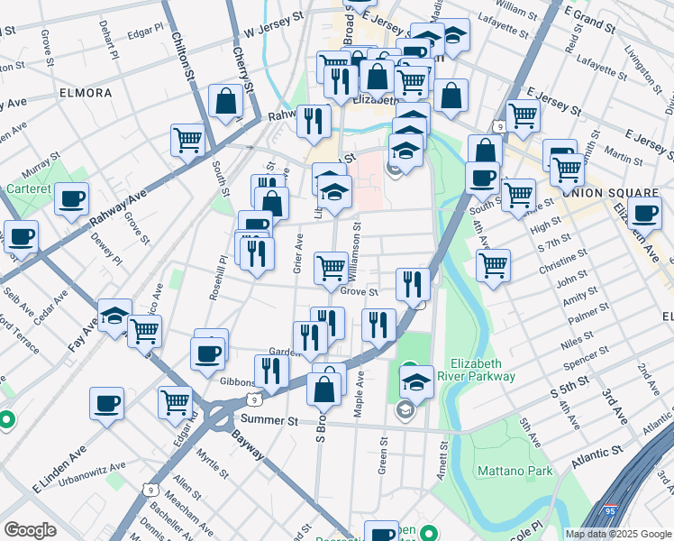 map of restaurants, bars, coffee shops, grocery stores, and more near 354 South Broad Street in Elizabeth