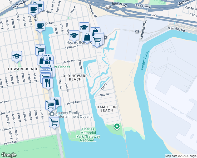 map of restaurants, bars, coffee shops, grocery stores, and more near 102-07 Russell Street in Queens