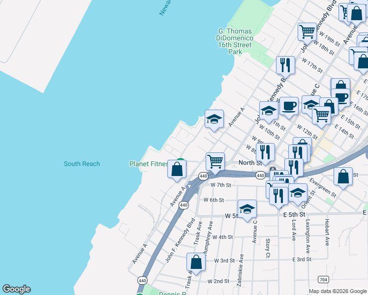 map of restaurants, bars, coffee shops, grocery stores, and more near 2 Boatworks Drive in Bayonne