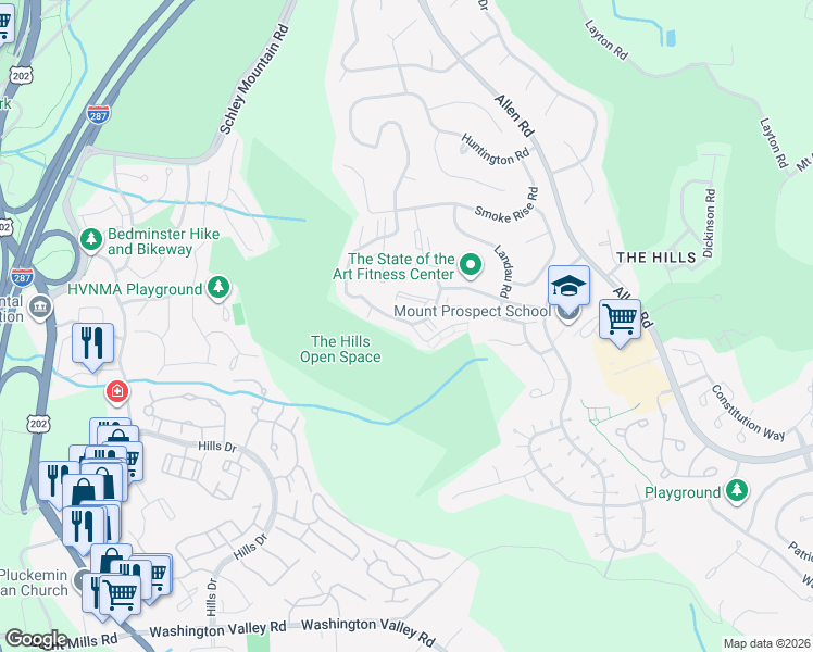 map of restaurants, bars, coffee shops, grocery stores, and more near 86 Encampment Drive in Bedminster