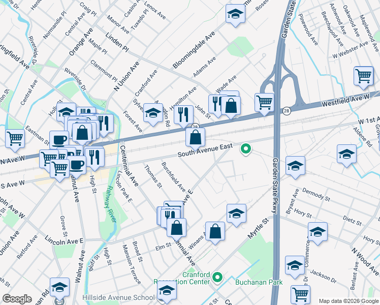 map of restaurants, bars, coffee shops, grocery stores, and more near 523 Cranford Avenue in Cranford