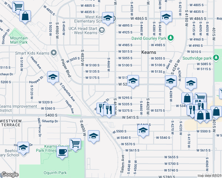 map of restaurants, bars, coffee shops, grocery stores, and more near 4657 West 5215 South in Kearns