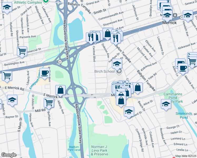 map of restaurants, bars, coffee shops, grocery stores, and more near 1700 Rugby Road in Merrick