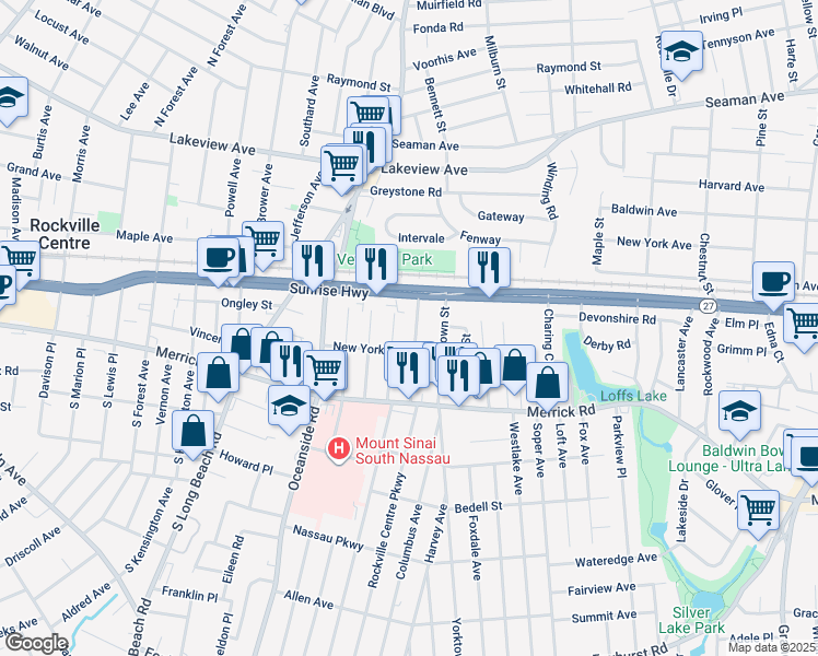 map of restaurants, bars, coffee shops, grocery stores, and more near 66 Concord Street in Rockville Centre