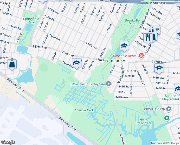 map of restaurants, bars, coffee shops, grocery stores, and more near 147-51 231st Street in Queens