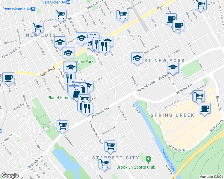 map of restaurants, bars, coffee shops, grocery stores, and more near 1961 Van Siclen Avenue in Brooklyn
