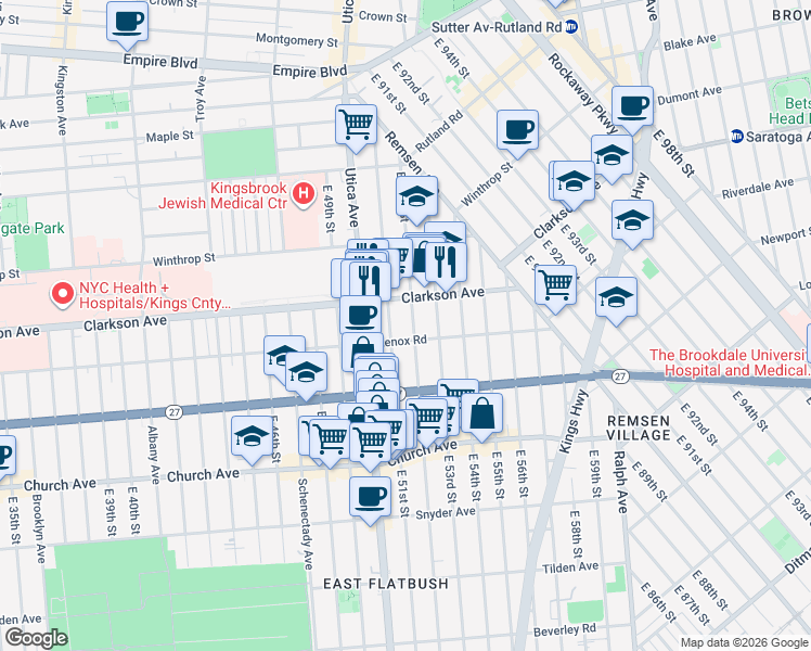 map of restaurants, bars, coffee shops, grocery stores, and more near 208 East 52nd Street in Brooklyn
