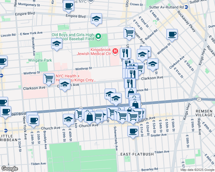 map of restaurants, bars, coffee shops, grocery stores, and more near 242 East 46th Street in Brooklyn