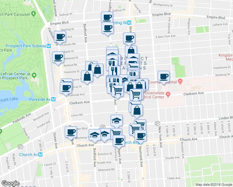 map of restaurants, bars, coffee shops, grocery stores, and more near 636 Rogers Avenue in Brooklyn