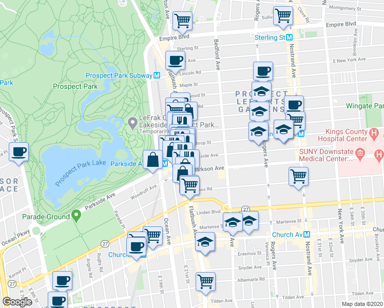 map of restaurants, bars, coffee shops, grocery stores, and more near 263 Parkside Avenue in Brooklyn