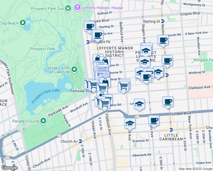 map of restaurants, bars, coffee shops, grocery stores, and more near 263 Parkside Avenue in Brooklyn