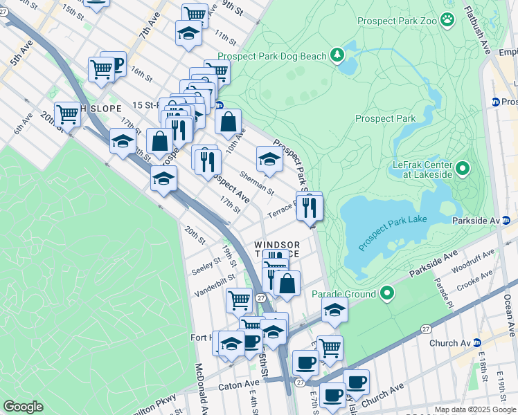 map of restaurants, bars, coffee shops, grocery stores, and more near 1107 Prospect Avenue in Brooklyn