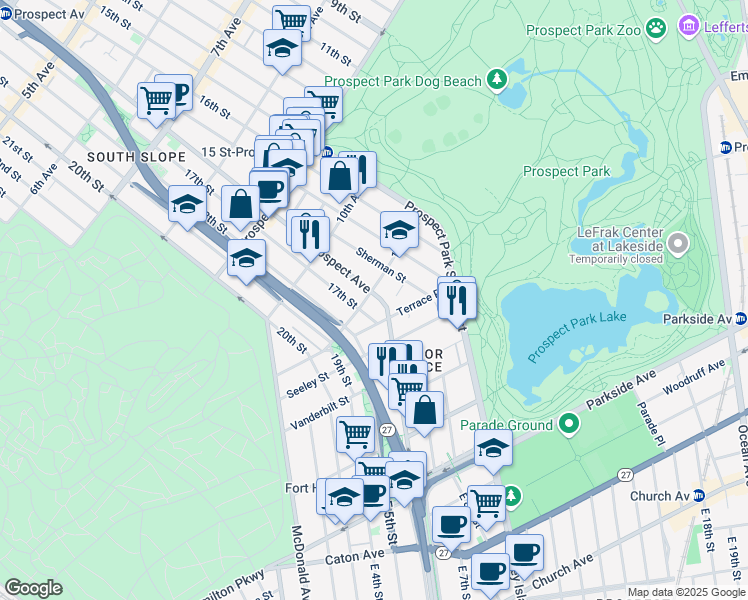 map of restaurants, bars, coffee shops, grocery stores, and more near 1107 Prospect Avenue in Brooklyn