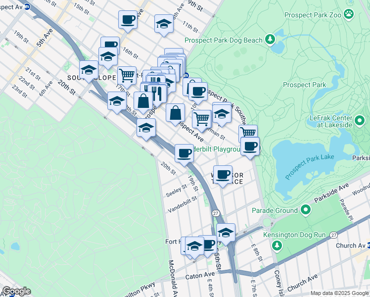 map of restaurants, bars, coffee shops, grocery stores, and more near 581 1/2 18th Street in Brooklyn