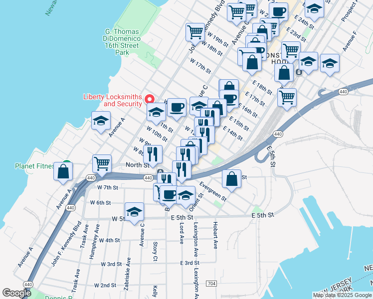 map of restaurants, bars, coffee shops, grocery stores, and more near 33 West 10th Street in Bayonne