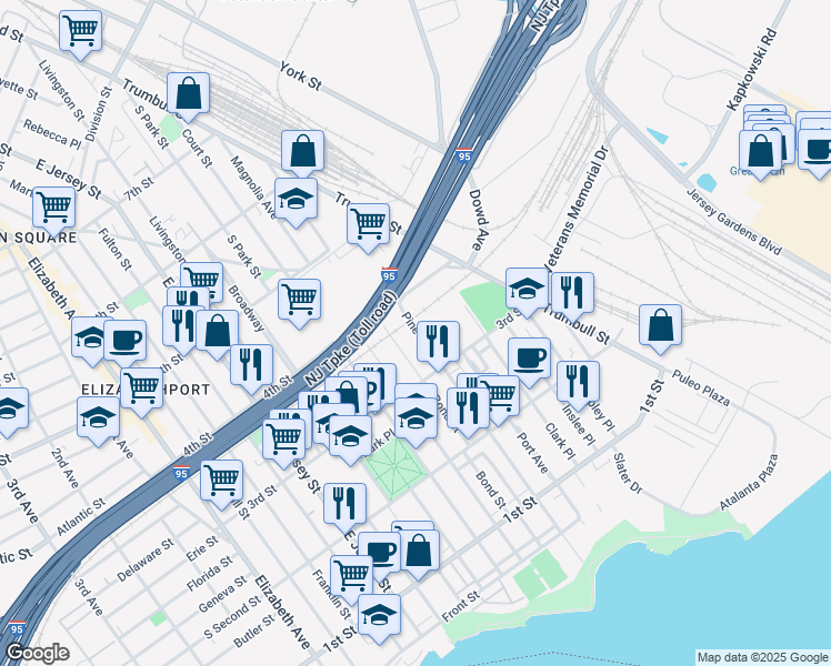 map of restaurants, bars, coffee shops, grocery stores, and more near 336 Pine Street in Elizabeth