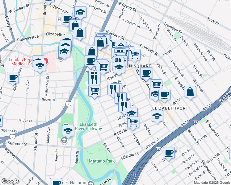 map of restaurants, bars, coffee shops, grocery stores, and more near 234 Christine Street in Elizabeth