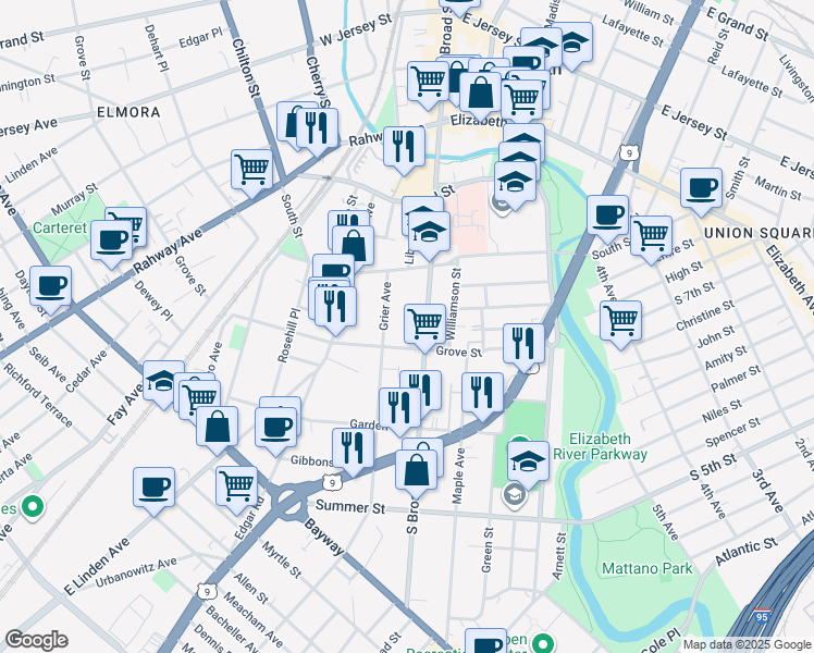 map of restaurants, bars, coffee shops, grocery stores, and more near 336 Grier Avenue in Elizabeth