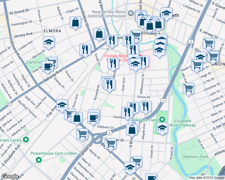 map of restaurants, bars, coffee shops, grocery stores, and more near 336 Washington Avenue in Elizabeth