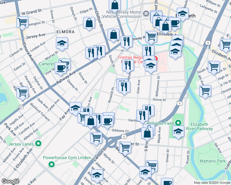 map of restaurants, bars, coffee shops, grocery stores, and more near 920 McLain Street in Elizabeth