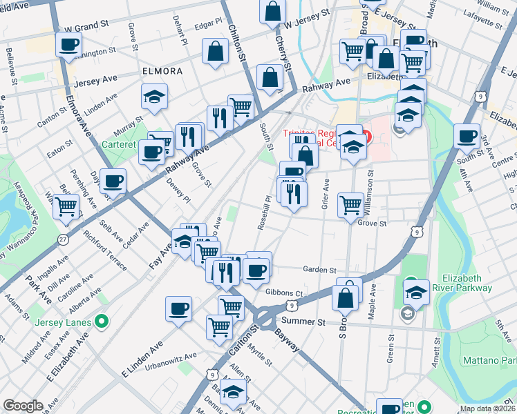 map of restaurants, bars, coffee shops, grocery stores, and more near 943 Grove Street in Elizabeth