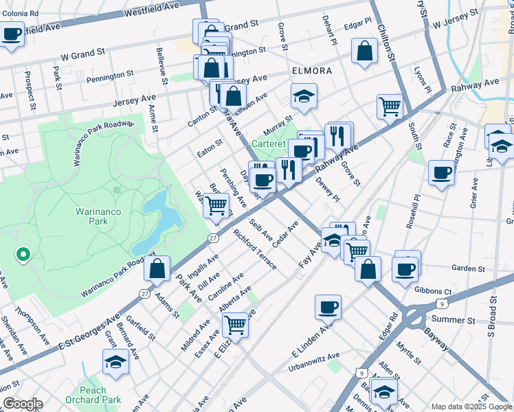 map of restaurants, bars, coffee shops, grocery stores, and more near 727 Rahway Avenue in Elizabeth