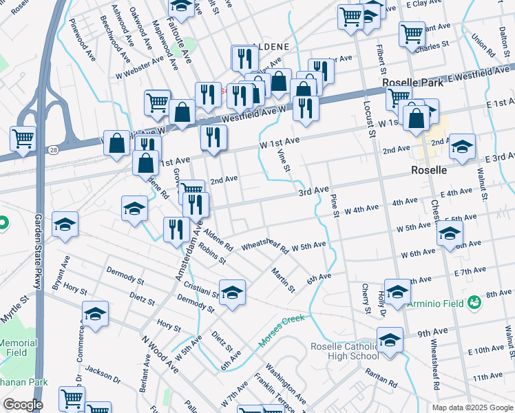 map of restaurants, bars, coffee shops, grocery stores, and more near 467 West 3rd Avenue in Roselle
