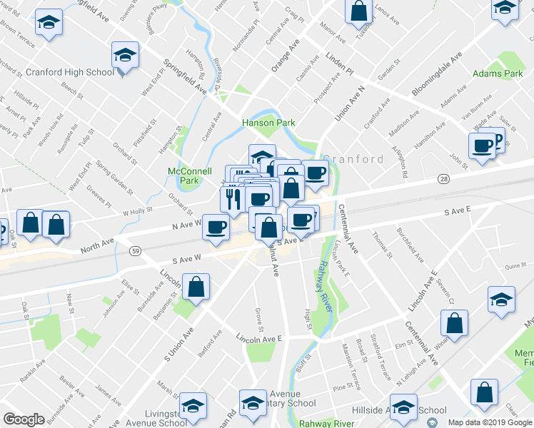 map of restaurants, bars, coffee shops, grocery stores, and more near 20 Eastman Street in Cranford