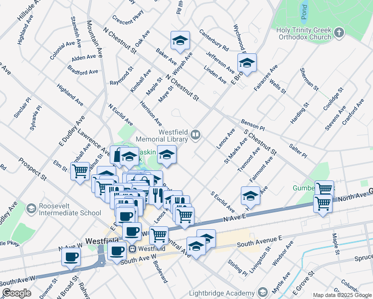 map of restaurants, bars, coffee shops, grocery stores, and more near 526 East Broad Street in Westfield