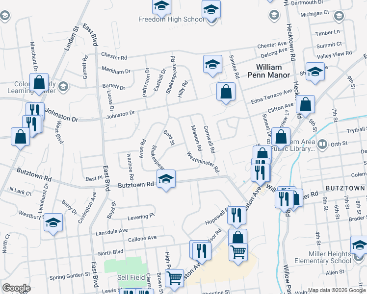 map of restaurants, bars, coffee shops, grocery stores, and more near 2953 Westminster Road in Bethlehem
