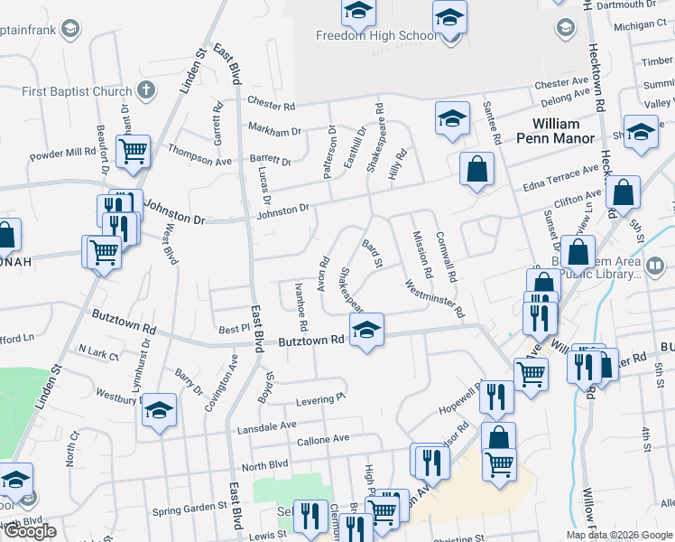 map of restaurants, bars, coffee shops, grocery stores, and more near 3031 Shakespeare Road in Bethlehem