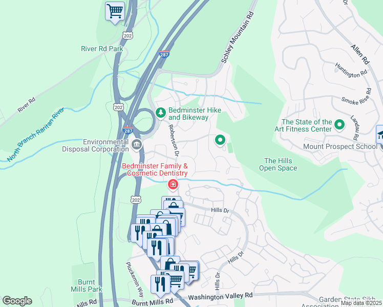 map of restaurants, bars, coffee shops, grocery stores, and more near 28 High Pond Lane in Bedminster Township