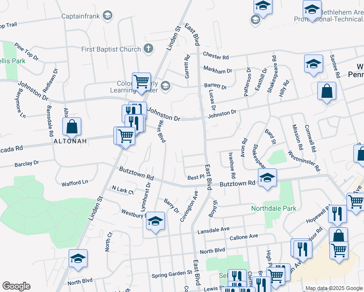 map of restaurants, bars, coffee shops, grocery stores, and more near 1601 Best Place in Bethlehem