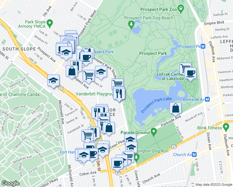 map of restaurants, bars, coffee shops, grocery stores, and more near 135 Prospect Park Southwest in Brooklyn