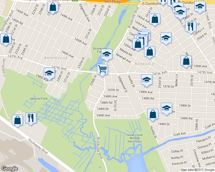 map of restaurants, bars, coffee shops, grocery stores, and more near 239-06 147th Road in Queens