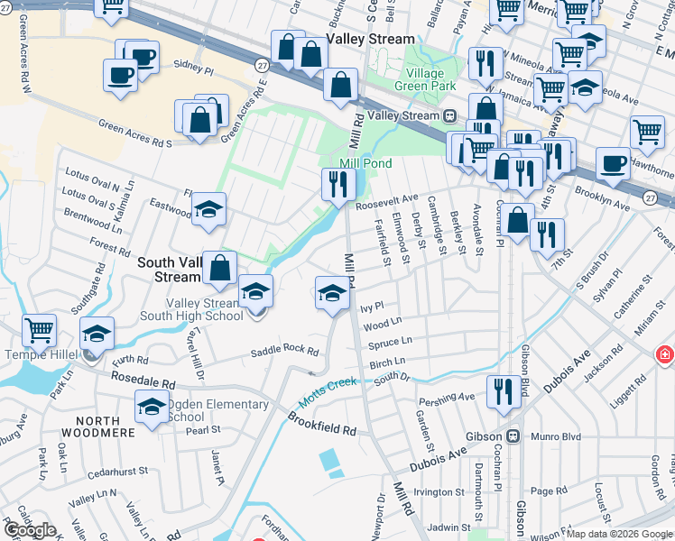 map of restaurants, bars, coffee shops, grocery stores, and more near 5 Cluett Road in Valley Stream