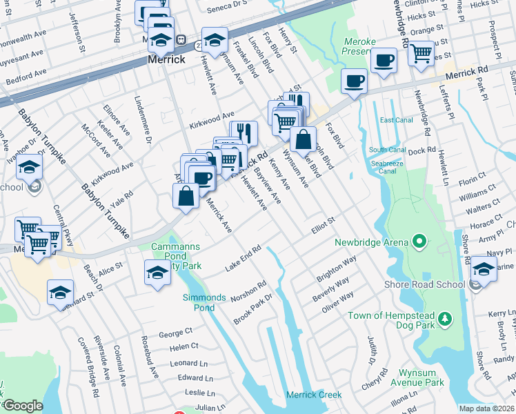map of restaurants, bars, coffee shops, grocery stores, and more near 2631 Orr Street in Merrick