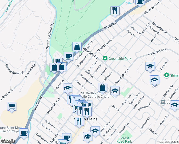 map of restaurants, bars, coffee shops, grocery stores, and more near 2052 Nicholl Avenue in Scotch Plains