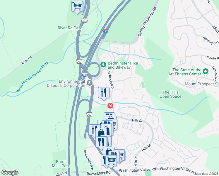 map of restaurants, bars, coffee shops, grocery stores, and more near 84 Wescott Road in Bedminster