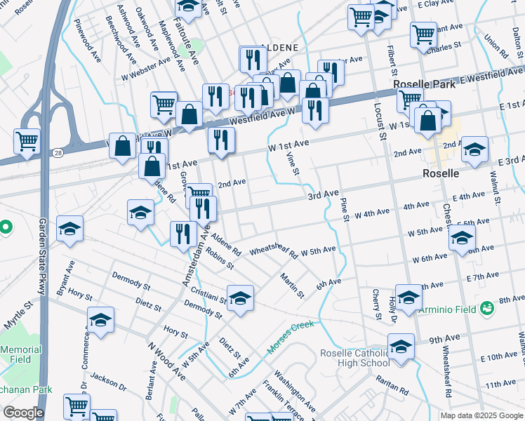 map of restaurants, bars, coffee shops, grocery stores, and more near 467 West 3rd Avenue in Roselle